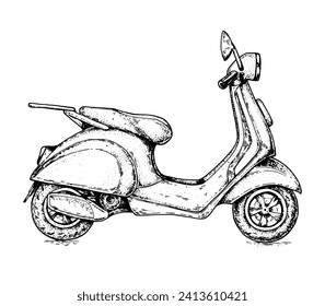 Delivery scooter sketch.  Hand drawn vector illustration. Logistics and delivery scooter. Fast delivery of goods.