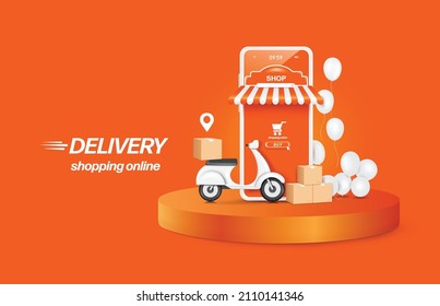 Delivery scooters and parcel boxes are in front of the smartphone shop. There is a white balloon floating on the back. and all were placed on a round podium,vector 3d for delivery and online shopping