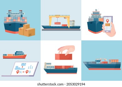 Conjunto de seis composiciones cuadradas con imágenes planas de buques de carga de carga y ilustración de vector de seguimiento