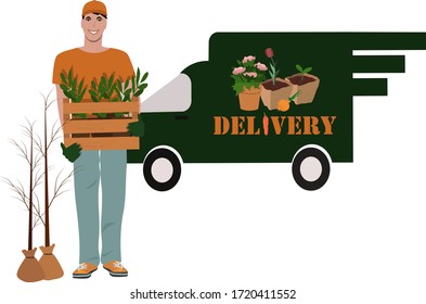 Delivery of seedlings, tree seedlings, flowers, seeds of vegetables and plants. A green van and a courier with a box of plants. Vector illustration.