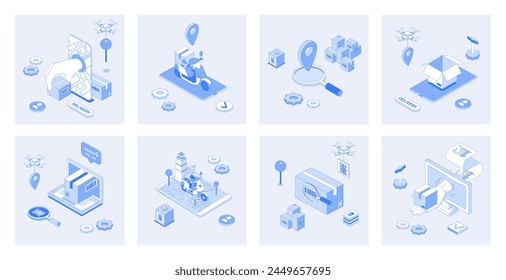 Delivery service 3d isometric concept set with isometric icons design for web. Collection of courier delivering, fast shipping, online tracking location, parcel transportation. Vector illustration