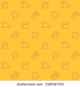 Delivery service abstract seamless pattern. Editable vector shapes on yellow background. Trendy texture with cartoon color icons. Design with graphic elements for interior, fabric, website decoration