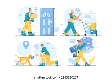 Delivery service, address delivery, courier to door vector illustration. Set of package movement. Shipping, distribution, transfer concept