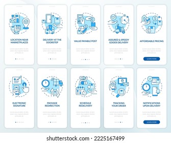 Delivery service advantages blue onboarding mobile app screen. Walkthrough 5 steps editable graphic instructions with linear concepts. UI, UX, GUI template. Myriad Pro-Bold, Regular fonts used