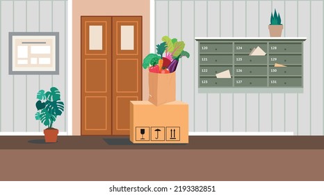 Lieferservice und Verlagerung von Wohnungen. Vektor Wohnungskorridor mit Türen. Inneneinrichtung der Hallway 1. Stock. 
Vektorgrafik von Cartoon-Raum oder Flur für Hintergrund, Druck, Web.
