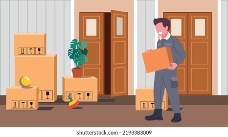 Delivery Service and apartment relocation. Vector residential Corridor with doors. Interior of the 1st floor Hallway. 
Vector illustration of cartoon room or hallway for background, print, web.
