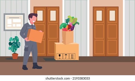 Delivery Service and apartment relocation. Vector residential Corridor with doors. Interior of the 1st floor Hallway. 
Vector illustration of cartoon room or hallway for background, print, web.
