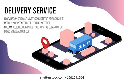Delivery service app isometric website template. Food shipping. Order map infographic. Delivery app or website concept with city map and truck. Isolated on white background. Stock vector illustration.