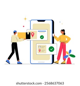 Delivery Service App With Male And Female Characters In Flat Vector Illustration Symbolizing Logistics, Order Tracking, And Shipment, Isolated On White Background.