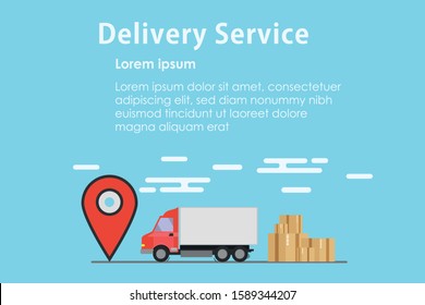 Delivery service app on mobile phone. Fast and free delivery. Delivery truck with cardboard box on mobile phone and city background.Online delivery service concept, online order tracking