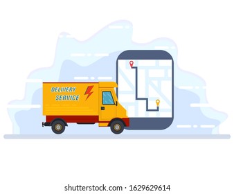 Delivery service app on mobile phone. Delivery van and mobile phone with map on city background. Flat style vector illustration.