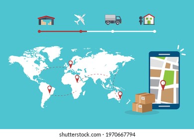 Delivery service app on mobile phone. Shipment track concept. Vector illustration.