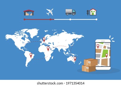 Delivery service app on mobile phone. Shipment track concept. Vector illustration.