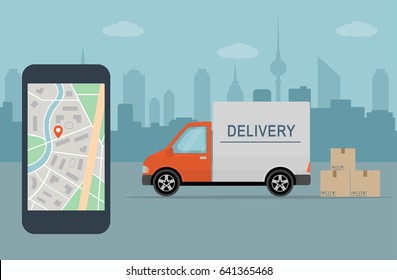 Delivery service app on mobile phone. Delivery van and mobile phone with map on city background. Flat style vector illustration.

