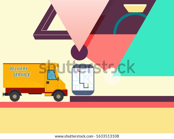 Delivery service app on mobile phone.\
Delivery van and mobile phone with map on abstract color\
background. Flat style vector\
illustration.