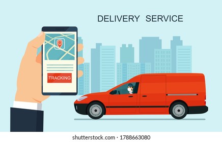 Delivery service app on smartphone. Cargo van and delivery worker in medical mask. Tracking an order using his smartphone. Abstract cityscape in the background. Concept for logistics and technology.