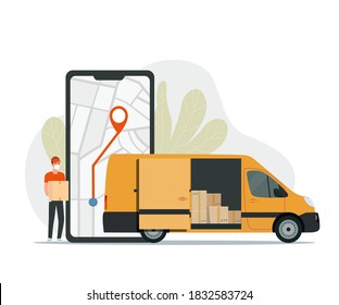 Delivery service app on smartphone. Cargo van and delivery worker. Tracking an order using his smartphone. Vector flat style illustration