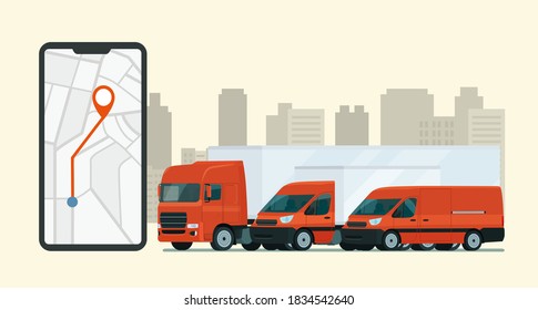 Delivery service app on smartphone. Cargo vans and truck. Tracking an order using his smartphone. Abstract cityscape in the background. Concept for logistics and technology. Vector illustration.