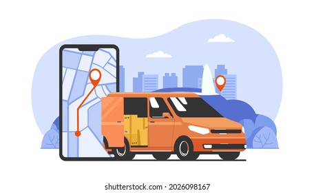 Aplicación de servicio de entrega en smartphone. Van de carga y el paisaje urbano abstracto en el fondo. Ilustración vectorial.