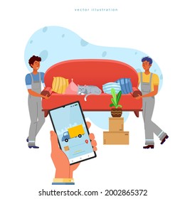 Servicio de entrega. Aplicación en el teléfono para la entrega. Cargadores y servicios de pedidos. El interior de la habitación. Dos conductores uniformados llevan un sofá. Preparándose para el movimiento.