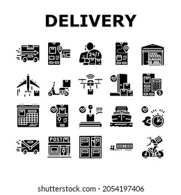 Delivery Service Application Icons Set Vector. Delivery Truck And Cargo Airplane, Bike And Scooter, Drone And Boat Delivering, Smartphone App For Tracking Location Glyph Pictograms Black Illustrations