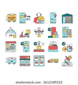 Delivery Service Application Icons Set Vector. Delivery Truck And Cargo Airplane, Bike And Scooter, Drone And Boat Delivering, Smartphone App For Tracking And Location Line. Color Illustrations