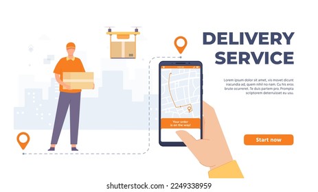 Aplicación de servicio de entrega. Hombre mensajero en caja de retención de uniforme, avión teledirigido con paquete para envío. Mano con smartphone con aplicación mostrando mapa para el vector de aterrizaje de seguimiento postal