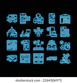 Delivery Service Application neon light sign vector. Delivery Truck And Cargo Airplane, Bike And Scooter, Drone And Boat Delivering, Smartphone App For Tracking And Location Illustrations