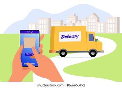 Delivery service application on a mobile phone. Delivery van and mobile phone. Vector illustration.