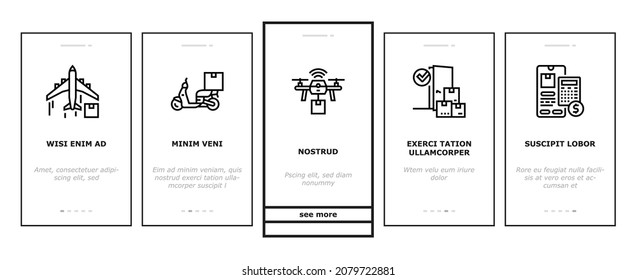 Delivery Service Application Onboarding Mobile App Page Screen Vector. Delivery Truck And Cargo Airplane, Bike And Scooter, Drone And Boat Delivering, Smartphone App Tracking Location Illustrations svg