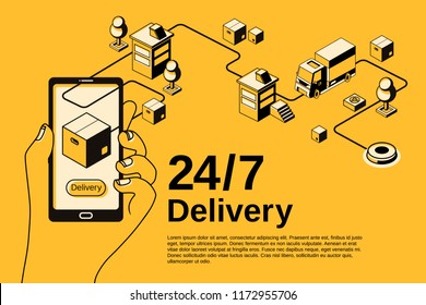 Delivery service application vector illustration for mail parcel shipping tracking on smartphone. Order shipment logistics technology isometric thin line design on black halftone and yellow background