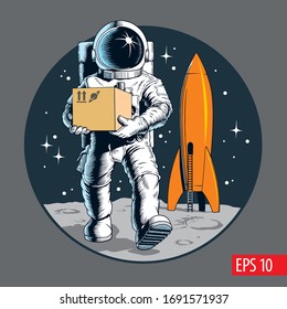 Delivery service, astronaut holding package or cardboard box. Space colonization. Shipping cargo to space. Vector illustration.