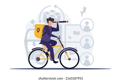 Delivery service is available. Courier riding a bicycle. Vector with a flat design.