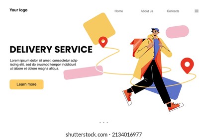 Delivery service banner with man courier with backpack and map points. Vector landing page with flat illustration of deliver man walk and carry parcel or order