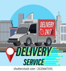 Lieferservice-Banner mit Paneelwagen und Pin-Illustration