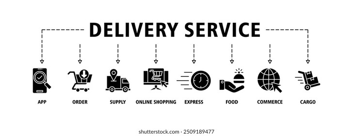 Delivery service banner web icon vector illustration concept for online home and office with icon of app, order, online shopping, supply, express delivery, food delivery, commerce, and cargo icon set