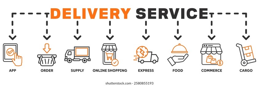 Delivery service banner web icon vector illustration concept with icon of app, order, online shopping, supply, express delivery, food delivery, commerce, and cargo