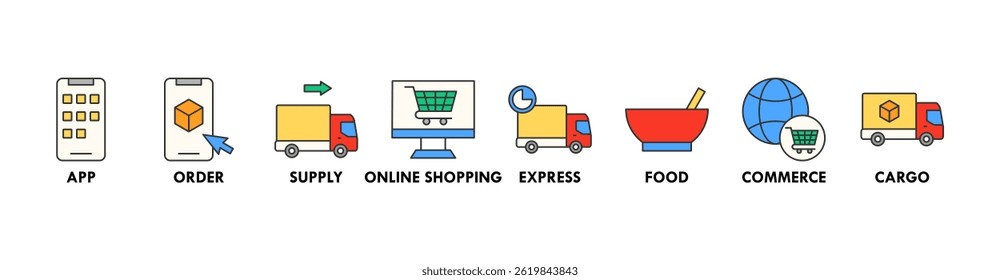 Delivery service banner web icon vector illustration concept with icon of app, order, online shopping, supply, express delivery, food delivery, commerce, and cargo