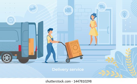 Delivery Service Banner. Worker Pushing Trolley with Washing Machine to Customer Woman Waiting at Home Entrance. Shipping, Logistics, Cargo Transportation by Car. Cartoon Flat Vector Illustration