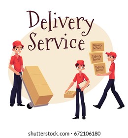 Delivery service banner with young man working as courier, delivering goods, parcel, boxes, cartoon vector illustration isolated on white background.