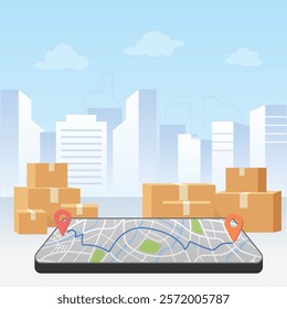 Delivery service boxes. Online app tracking, city background