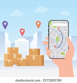 Delivery service boxes. Online app tracking, city background