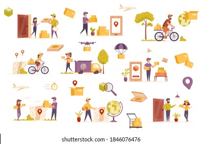 Delivery service bundle of flat scenes. Couriers holding parcels isolated set. Smartphone with app, deliveryman carrying boxes, transport elements. Express delivery at home cartoon vector illustration