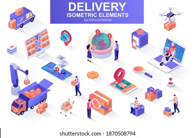 Delivery service bundle of isometric elements. Courier on scooter, delivery truck, pinpointer, warehouse worker, quadcopter, delivery box isolated icons. Isometric vector illustration kit with people.