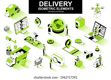 Delivery service bundle of isometric elements. Courier on scooter, delivery truck, pinpointer, warehouse worker, quadcopter, delivery box isolated icons. Isometric vector illustration kit with people.