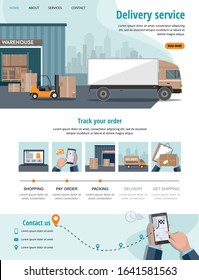 Delivery service. Business logistics, smart logistics technologies, commercial delivery service concept. Web banner, landing page. Vector 