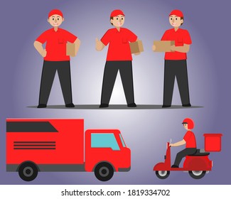 delivery service by car and motorbike complete with illustration of a courier carrying goods
