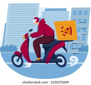 Delivery service by courier man at scooter, fast box transportation at motorbike, vector illustration. Driver character at motorcycle transport.