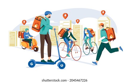 Servicio de entrega por los diferentes tipos de transporte de la ciudad. Concepto de servicio de entrega. Jóvenes haciendo trabajo rápido. Mapa de la ciudad con puntos. Ilustración de dibujos animados de color plano. Aislado en blanco