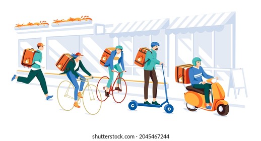 Delivery service by the different types of transport in the city. Concept. Young people doing job fast. Old city street with cafe and shops. Flat colorful cartoon illustration. Isolated on white bac